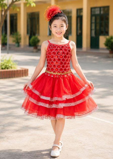 thuê váy múa trẻ em kim sa đỏ 3 tầng đính đá