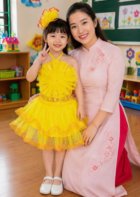 thuê váy múa trẻ em kim sa vàng bông to