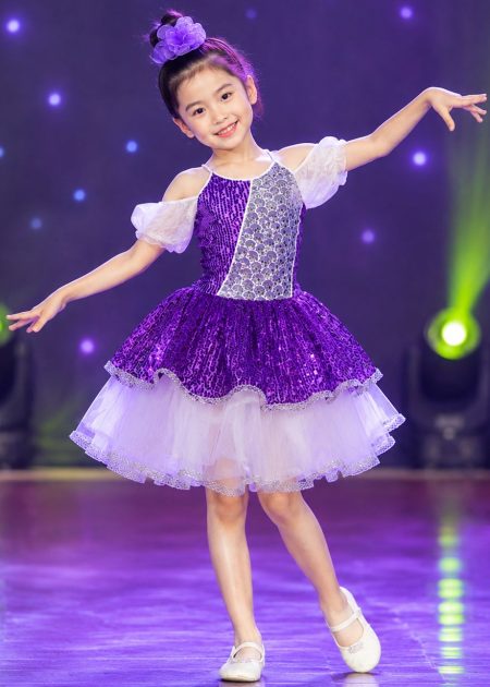 Đầm múa trẻ em kim sa tím tay phồng - thuê váy múa