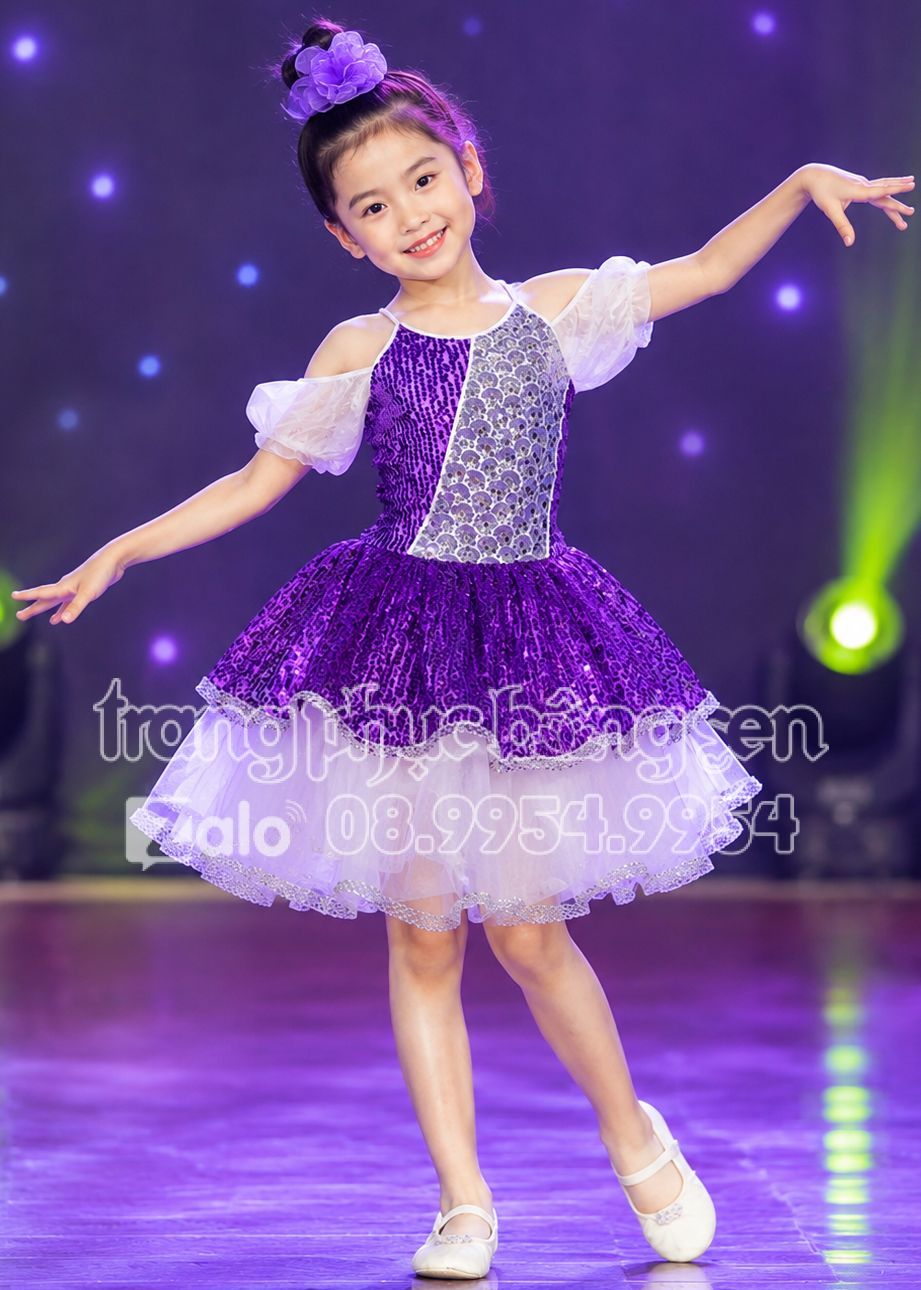 Đầm múa trẻ em kim sa tím tay phồng - thuê váy múa