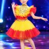 thuê váy múa trẻ em - đầm múa mầm non kim sa vàng bèo nhún đỏ vàng