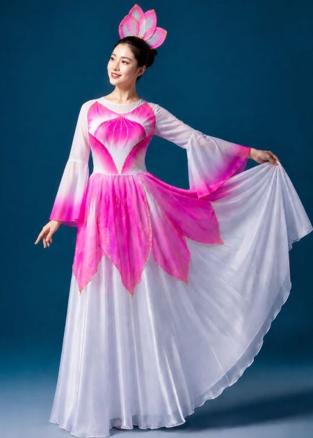 thuê váy múa - đầm váy múa sen trắng hồng xòe 360 độ