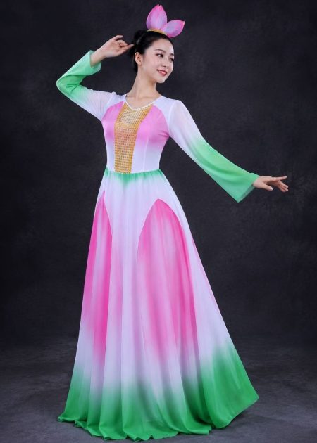 thuê váy múa sen cổ thuyền phối kim sa tay dài