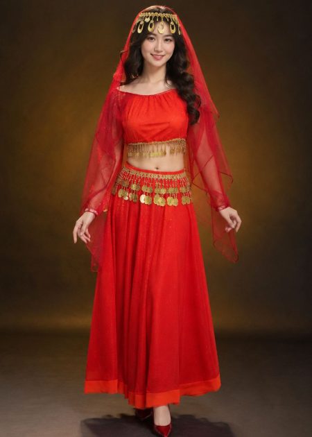 Trang phục Ấn Độ (múa bụng, belly dance) áo váy kim sa đỏ