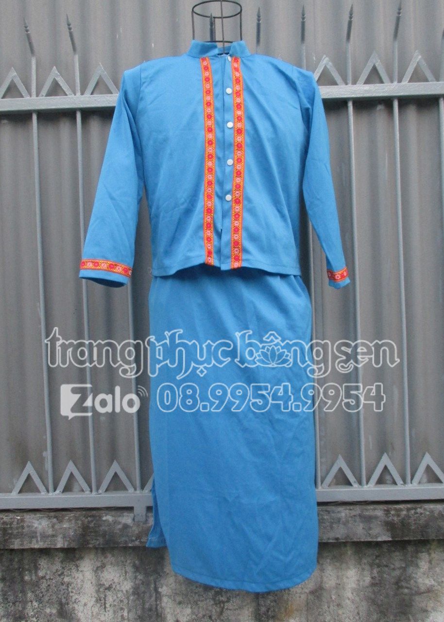 trang phục biểu diễn trang phục Chăm trẻ em nam xanh viền đỏ