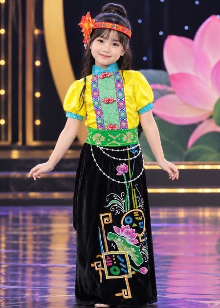 Trang phục dân tộc Thái mầm non nữ áo thun vàng váy đen