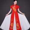 Trang phục hát múa áo dài cách điệu đỏ 3 tà hoa đào tay cánh tiên