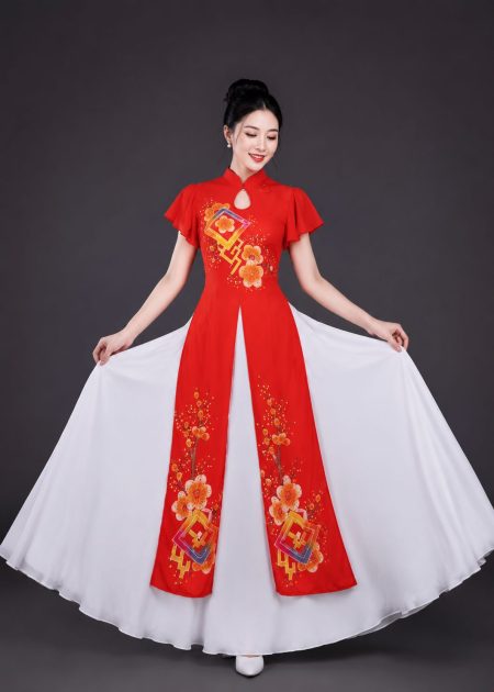 Trang phục hát múa áo dài cách điệu đỏ 3 tà hoa đào tay cánh tiên