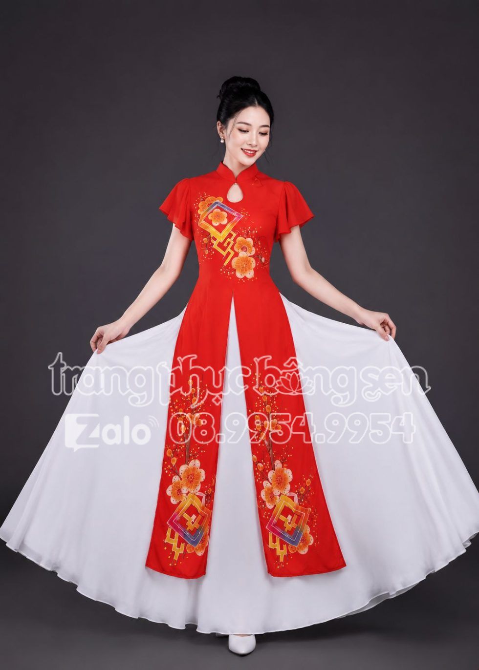 Trang phục hát múa áo dài cách điệu đỏ 3 tà hoa đào tay cánh tiên