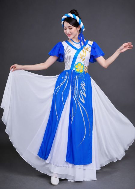 Trang phục hát múa áo dài trắng xanh dương nhiều tà tay cánh tiên