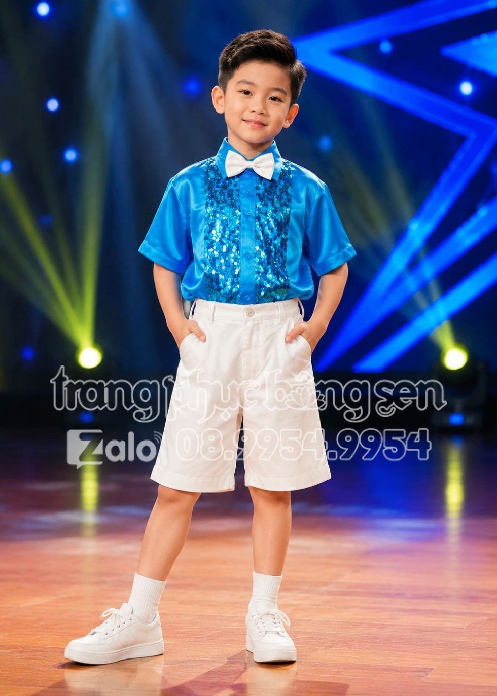 Trang phục hát múa trẻ em nam sơ mi kim sa sọc xanh dương quần short