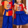 trang phục múa trẻ em áo đỏ cam quần xanh dương