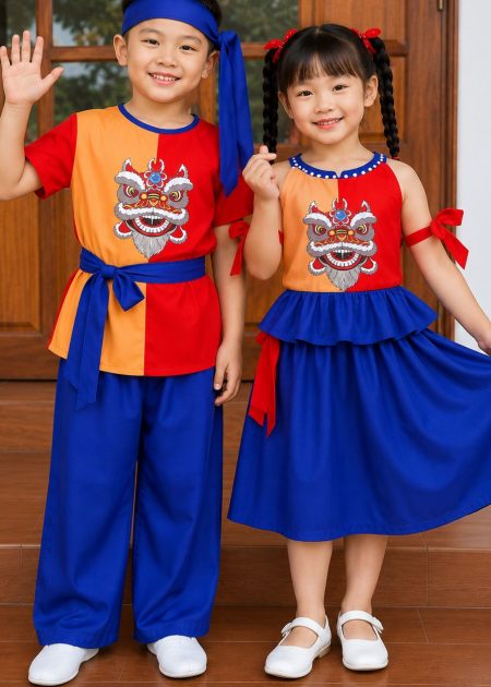 trang phục múa trẻ em áo đỏ cam quần xanh dương