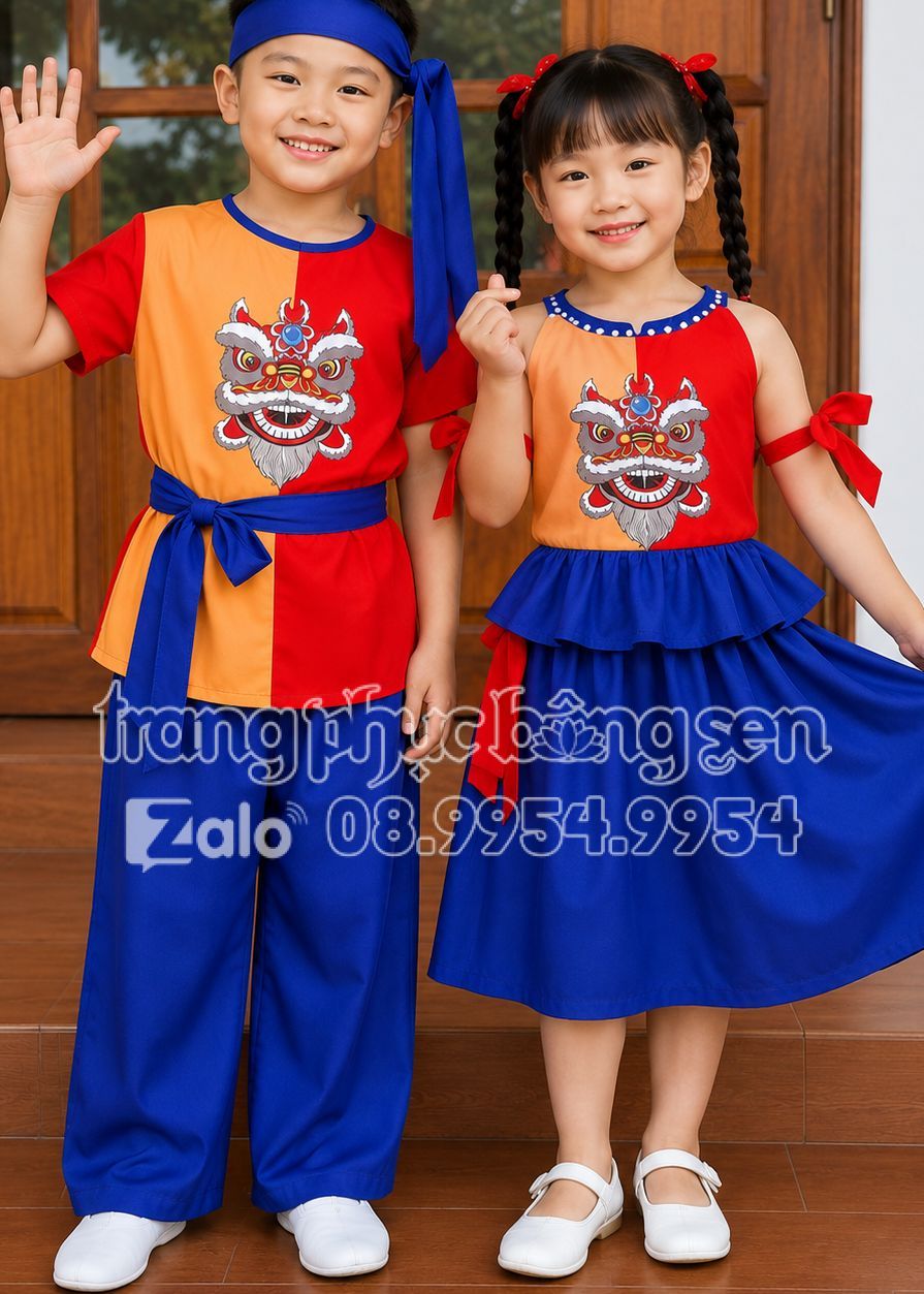trang phục múa trẻ em áo đỏ cam quần xanh dương