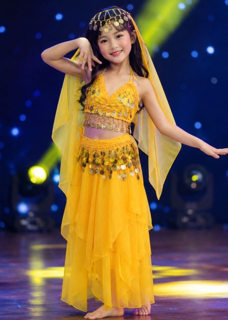 Trang phục múa bụng (belly dance) trẻ em áo váy kim sa vàng