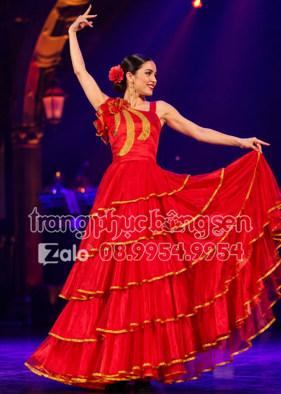 Trang phục nhảy Flamenco Tây Ban Nha nữ đỏ 6 tầng xòe rộng