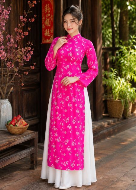 trang phục văn nghệ áo dài gấm đồng tiền hồng