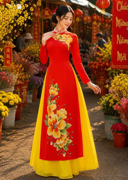 trang phục văn nghệ áo dài lụa đỏ in hoa mai