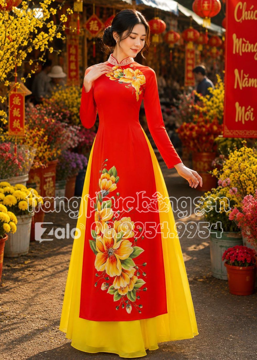 trang phục văn nghệ áo dài lụa đỏ in hoa mai