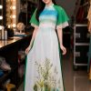 trang phục văn nghệ áo dài sen xanh lá tay phồng 2 lớp