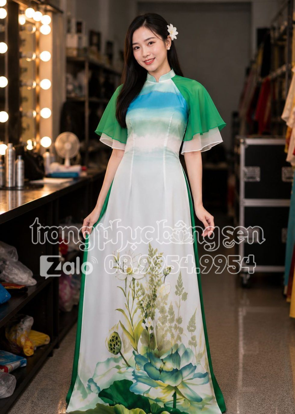 trang phục văn nghệ áo dài sen xanh lá tay phồng 2 lớp
