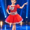 Váy múa mầm non kim sa đỏ nơ trắng