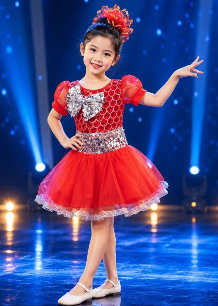 Váy múa mầm non kim sa đỏ nơ trắng