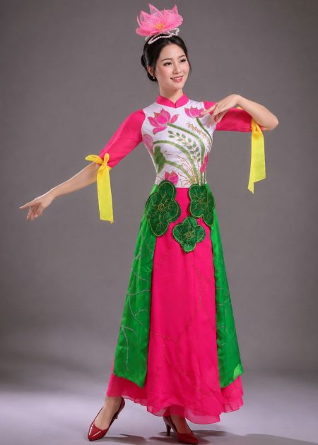 trang phục biểu diễn váy múa sen nổi trắng hồng tay xòe cột dây