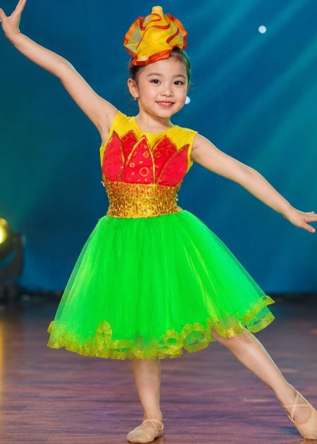 Váy múa sen trẻ em kim sa ngực xếp cánh