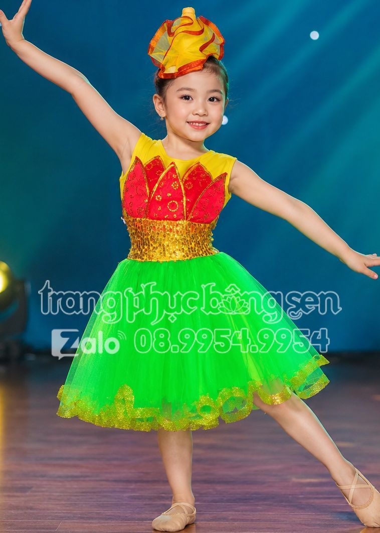 Váy múa sen trẻ em kim sa ngực xếp cánh