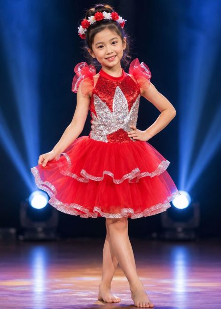 Váy múa trẻ em kim sa đỏ ngực cánh sen trắng