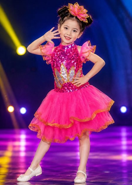 Váy múa trẻ em kim sa hồng ngực cánh sen trắng