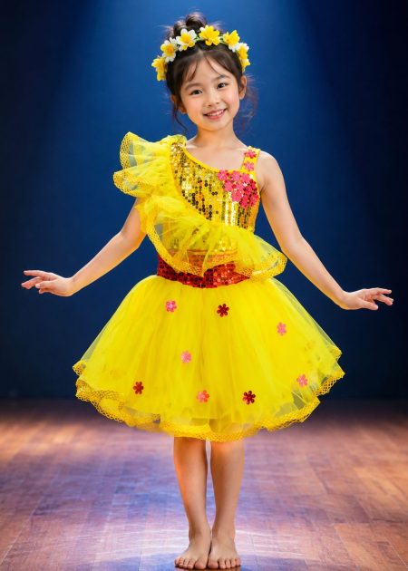 Váy múa trẻ em kim sa vàng bèo chéo đai đỏ