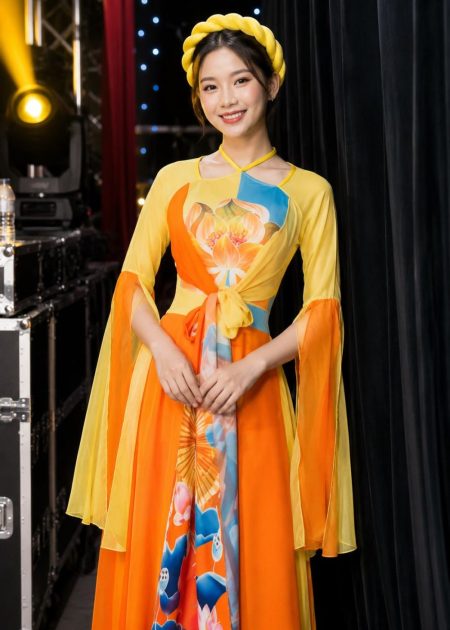trang phục đầm múa tứ thân cách điệu cam vàng