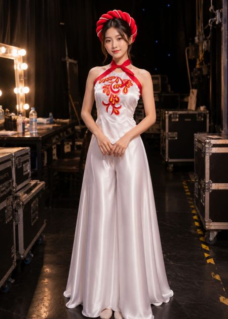 yếm tứ thân trang phục hát múa dân gian yếm trắng thêu đỏ, quần váy trắng