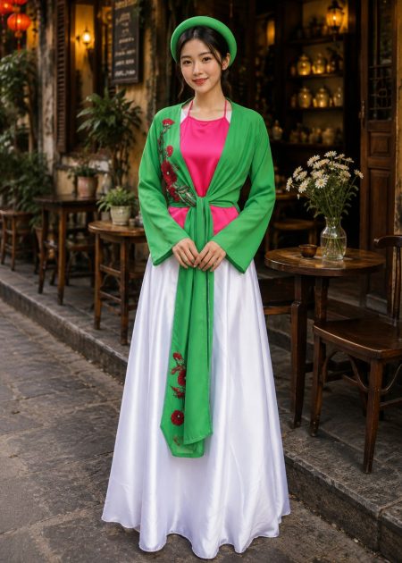 yếm tứ thân trang phục tứ thân hoa 3d màu xanh lá
