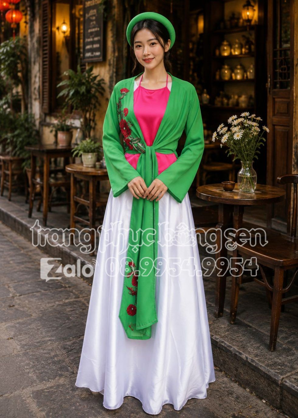 yếm tứ thân trang phục tứ thân hoa 3d màu xanh lá