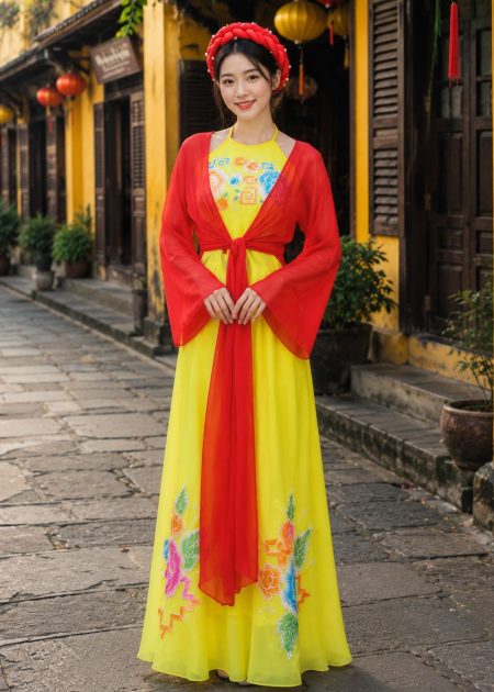 yếm tứ thân trang phục tứ thân lụa đỏ phối sét yếm váy vàng