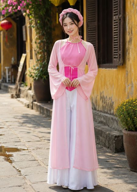 yếm tứ thân trang phục tứ thân lụa hồng phấn yếm sen quần váy trắng