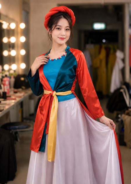 yếm tứ thân vải phi bóng xanh cam