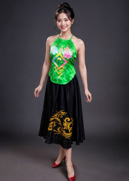 Yếm xanh lá phun hoa ô vuông, đụp đen dài