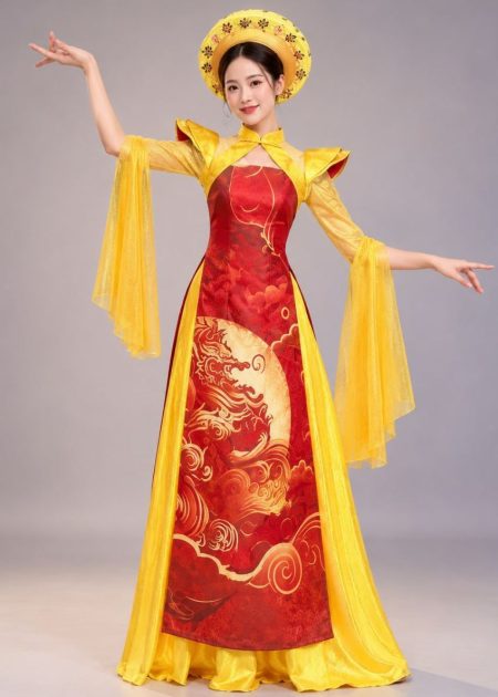 Áo dài nữ Xích Long màu đỏ họa tiết rồng