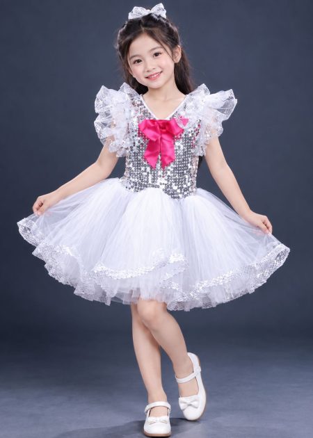 Đầm kim sa trẻ em cổ tim kết nơ hồng