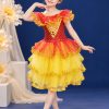 Đầm múa trẻ em kim sa thân đỏ váy vàng 3 tầng