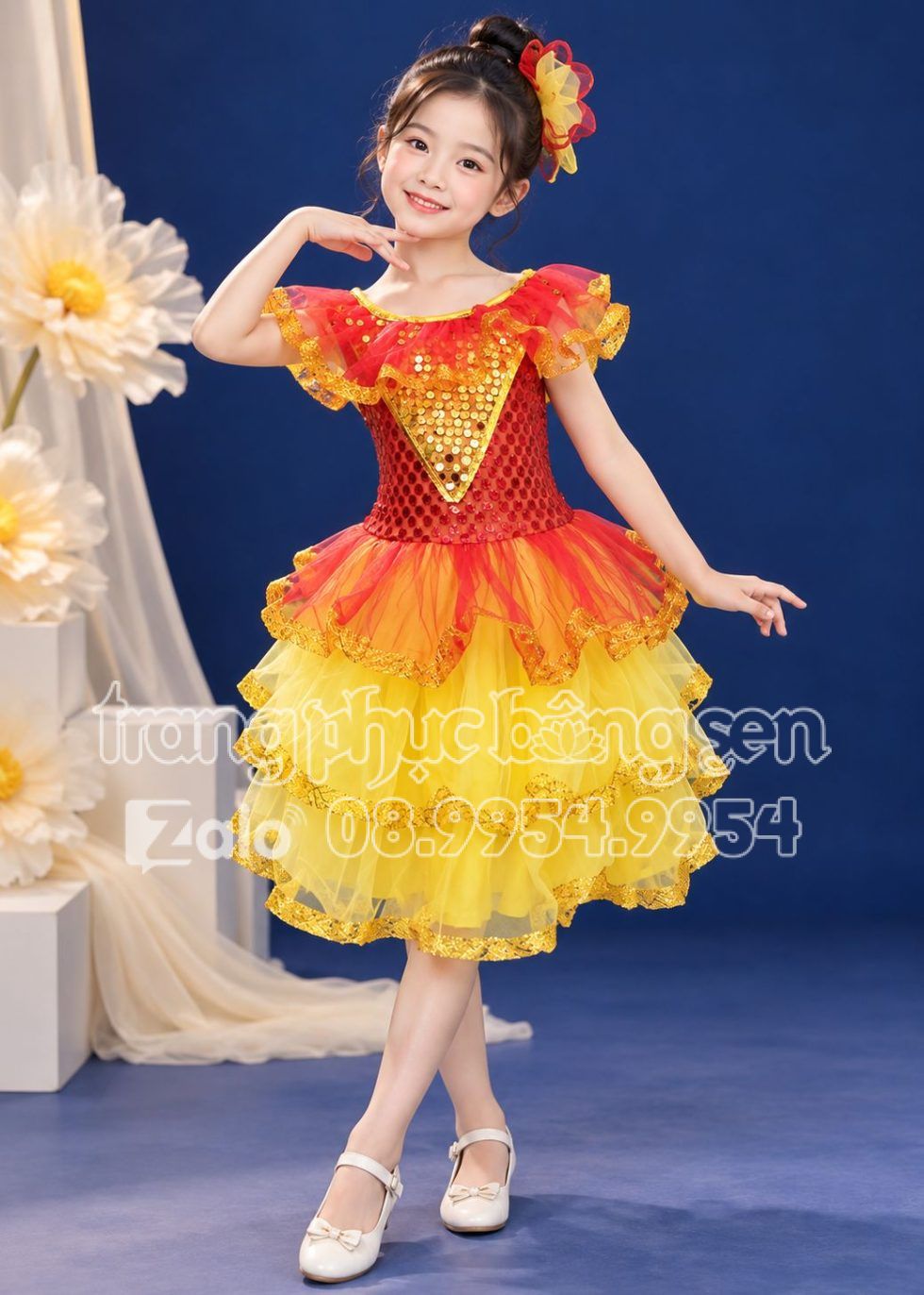 Đầm múa trẻ em kim sa thân đỏ váy vàng 3 tầng
