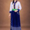 Đồ múa dân tộc - đồ dân tộc Thái áo thun trắng, váy nhung xanh in phun kim tuyến cho thuê
