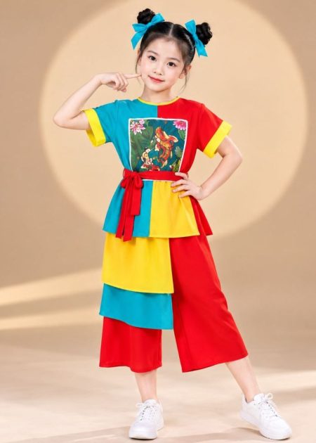 Mướn đồ bà ba - Trang phục đồng dao trẻ em nhiều tà đỏ-vàng-xanh