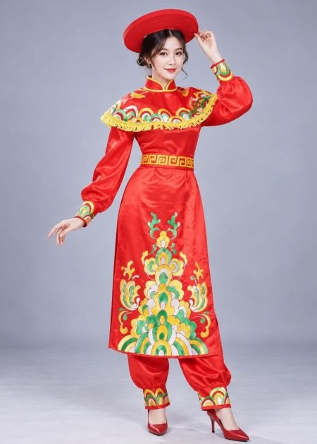 Quần áo táo quân áo dài tướng màu đỏ vẽ hoạ tiết