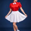 Thuê váy múa áo sơ mi nữ màu đỏ váy xếp ly trắng