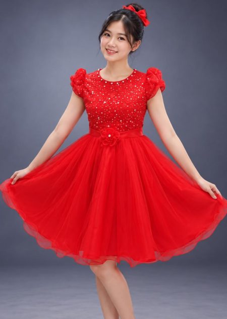 Thuê váy múa - Đầm múa ngang gối tay phồng màu đỏ